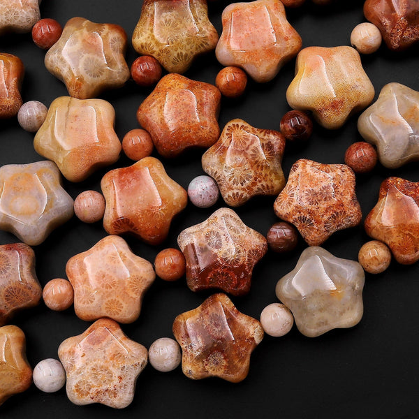 Natural Orange Red Fossil Coral Beads Carved Gemstone Star 15.5" Strand