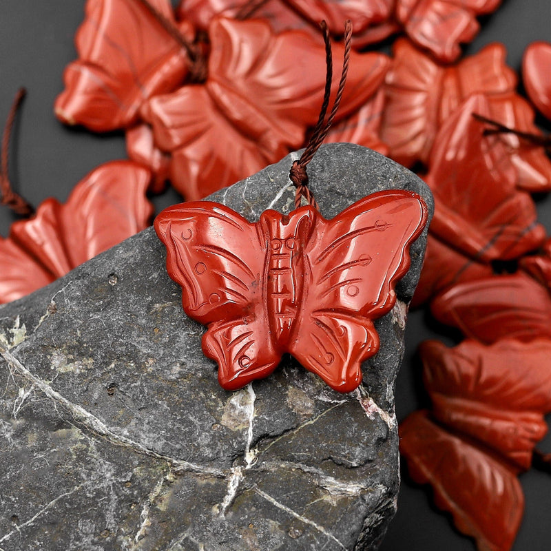 Hand Carved Natural Red Jasper Butterfly Pendant Gemstone Focal Bead