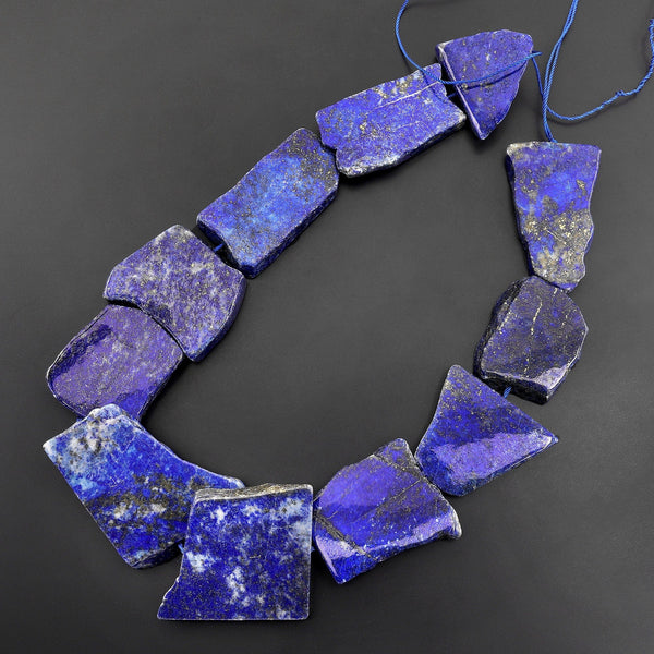 Large Freeform Natural Blue Lapis Flat Slab Pendant Beads Center Drilled 15.5" Strand