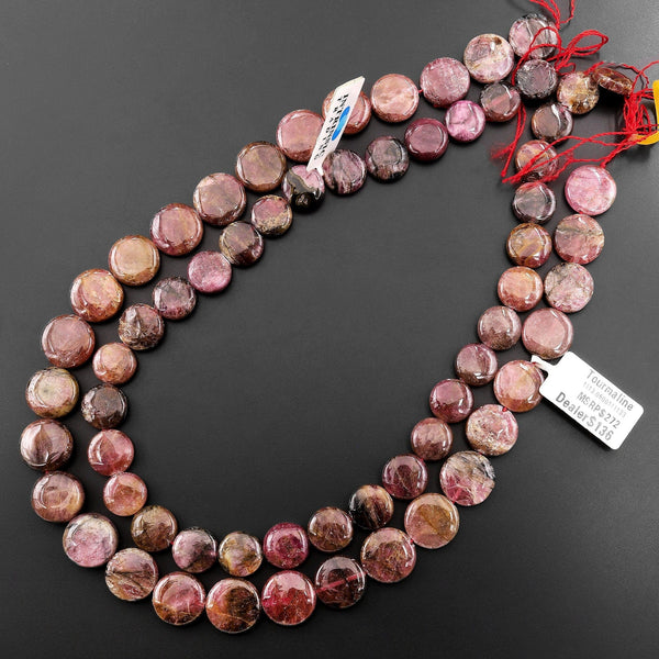 Natural Pink Tourmaline Coin Beads 12mm 14mm 15.5" Strand