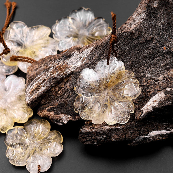 Hand Carved Natural Citrine Flower Pendant Translucent Gemstone Bead