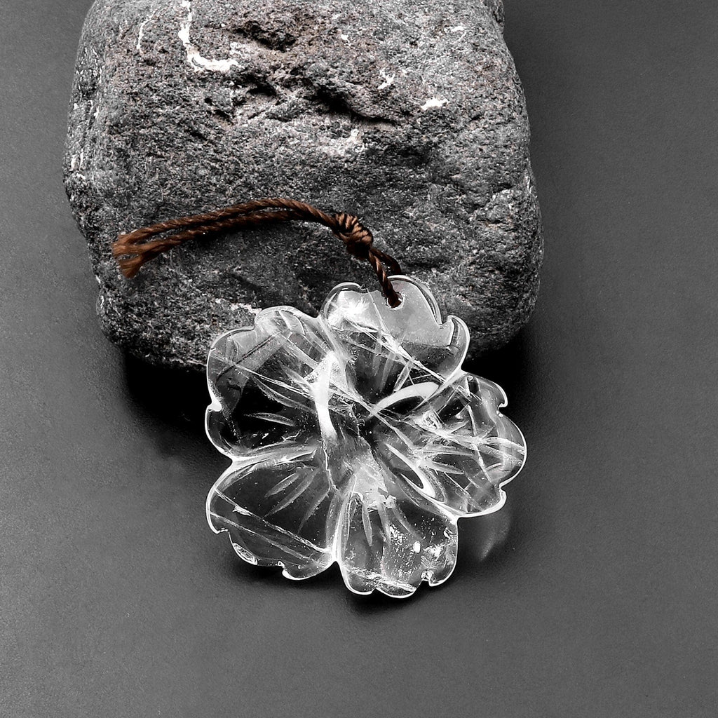 Hand Carved Natural Rock Crystal Quartz Flower Pendant Translucent Gemstone Bead