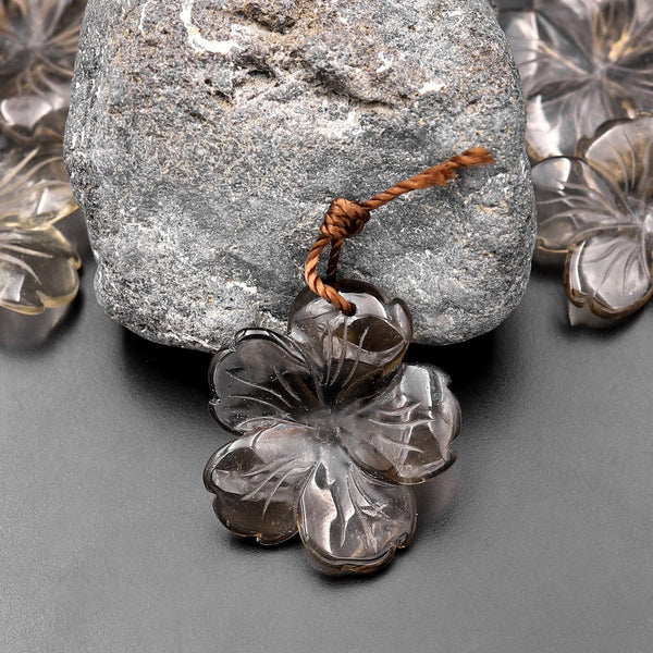 Hand Carved Natural Smoky Quartz Flower Pendant Translucent Gemstone Bead A1