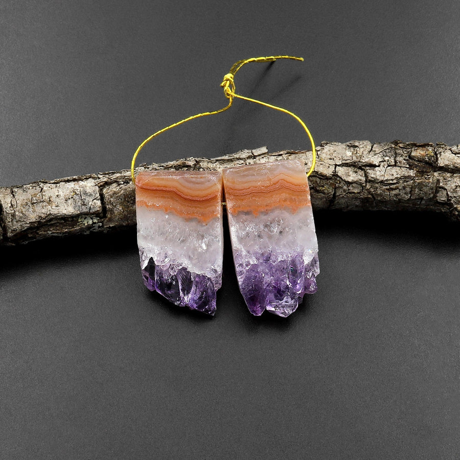 Small Natural Amethyst Stalactite Slice Matched Earring Gemstone Bead Pair
