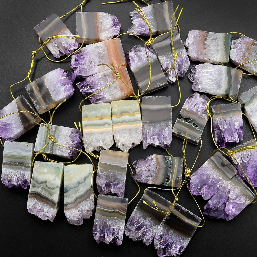 Small Natural Amethyst Stalactite Slice Matched Earring Gemstone Bead Pair