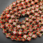 Red Cloisonné Diamond Beads 16mm Decorative Floral Copper Enamel 15.5" Strand