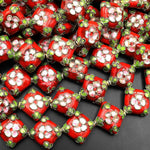Red Cloisonné Diamond Beads 16mm Decorative Floral Copper Enamel 15.5" Strand
