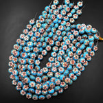 Blue Pink Cloisonné Coin Beads 14mm Decorative Floral Copper Enamel 15.5" Strand