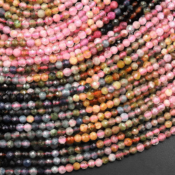 Natural Multicolor Pink Green Blue Yellow Tourmaline Micro Faceted 2mm Round Gemstone Beads 15.5" Strand