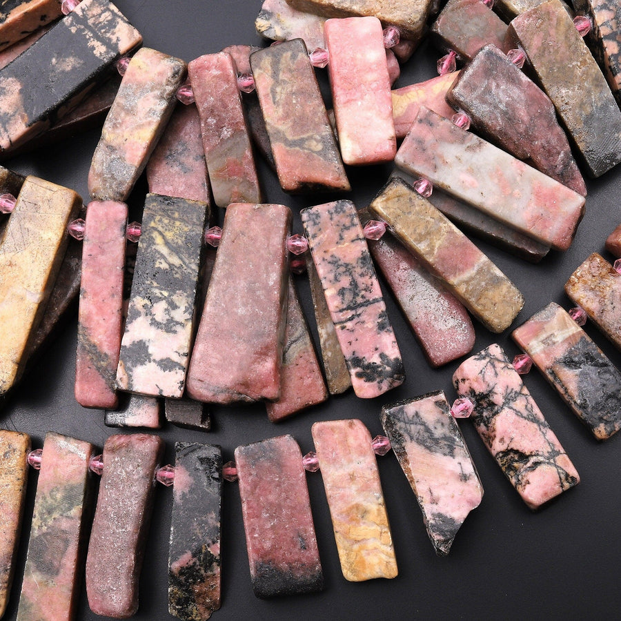 Natural Rhodonite Freeform Rectangle Bead Spike Cleopatra Fan Shape 15.5" Strand