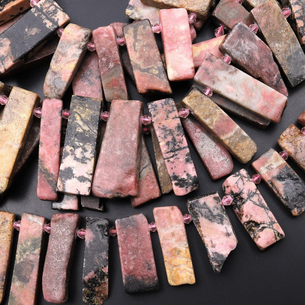 Natural Rhodonite Freeform Rectangle Bead Spike Cleopatra Fan Shape 15.5" Strand