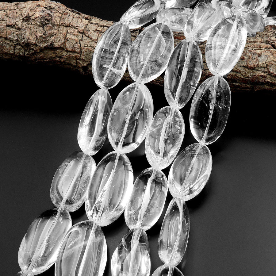 AAA Large Real Natural Rock Crystal Quartz Rounded Oval Nugget Bead 15.5" Strand