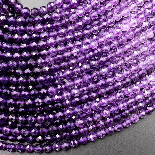 AAA Faceted Natural Amethyst 4mmRound Beads Purple Shaded Ombre 15.5" Strand
