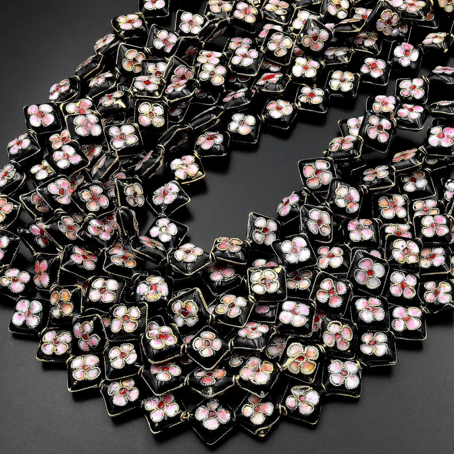 Black Pink Cloisonné Diamond Beads 12mm Decorative Floral Copper Enamel 15.5" Strand