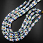 Blue White Cloisonné Beads Long Cylinder Decorative Floral Enamel 15.5" Strand