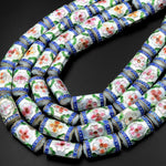 Blue White Cloisonné Beads Long Cylinder Decorative Floral Enamel 15.5" Strand