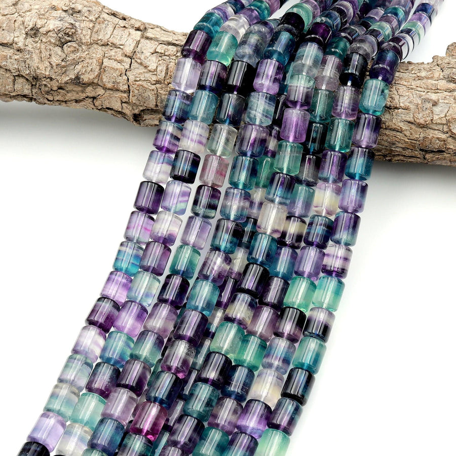 Natural Green Purple Fluorite Cylinder Beads 15.5" Strand