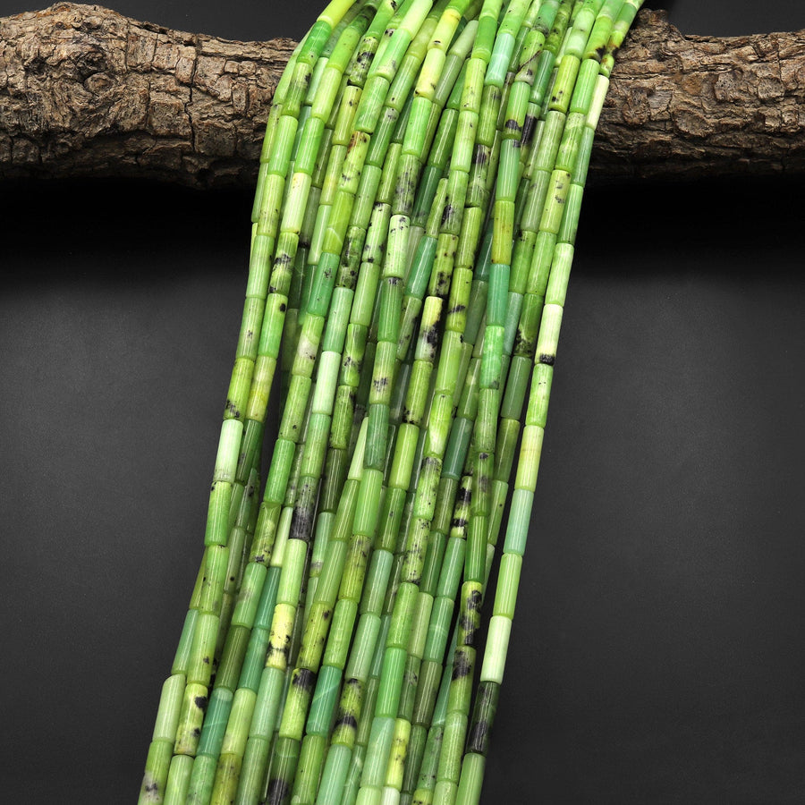 Natural African Chrysoprase Thin Long Tube Beads 15.5" Strand