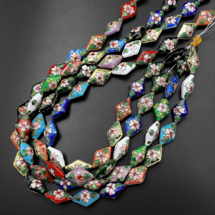 Hand Made Cloisonné Diamond Beads 20mm Decorative Floral Enamel 15.5" Strand
