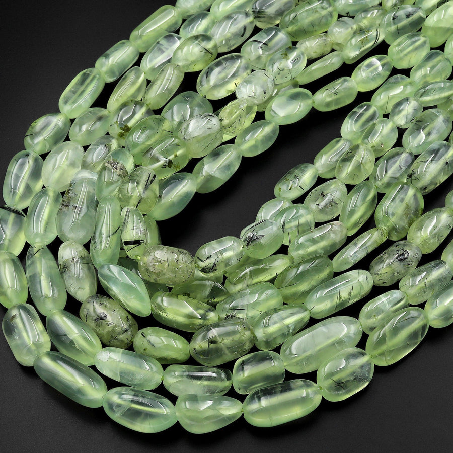 AAA Extra Translucent Natural Prehnite Freeform Oval Nugget Beads 15.5" Strand