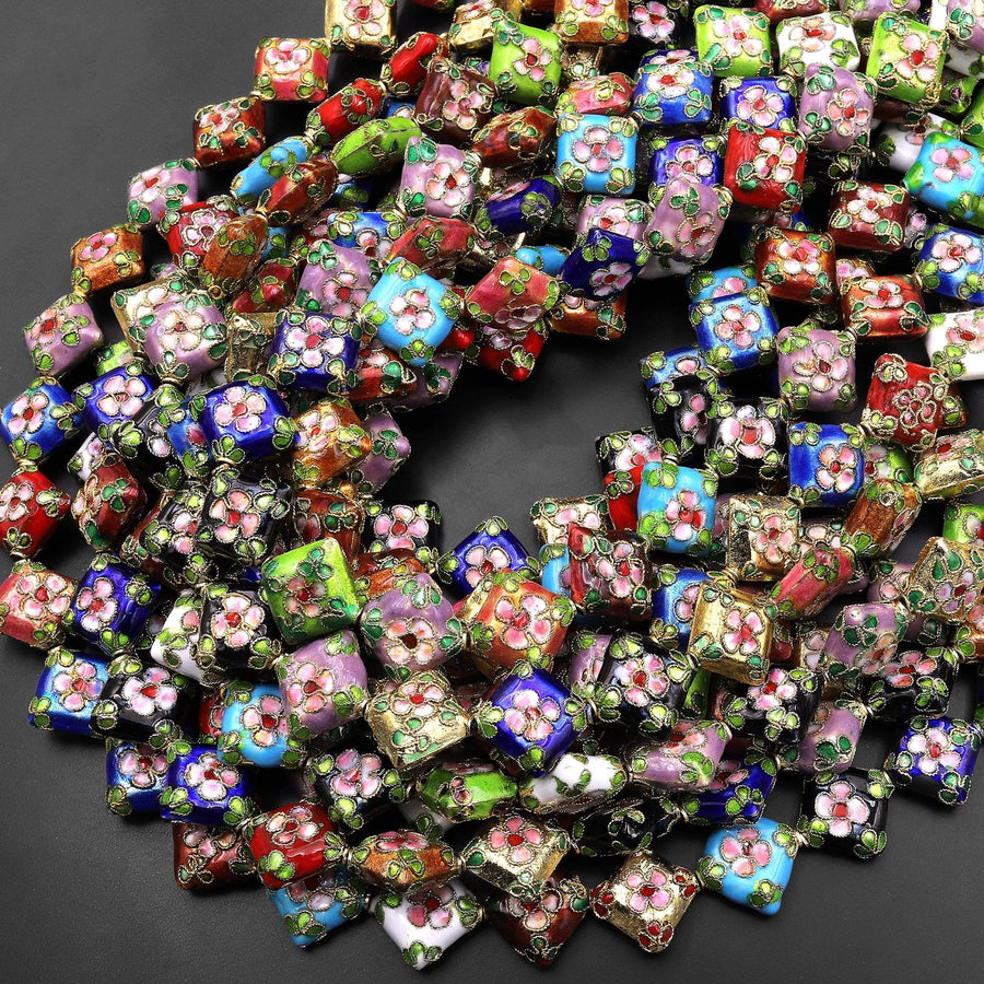 Hand Made Cloisonné Diamond Beads 16mm Decorative Floral Enamel 15.5" Strand