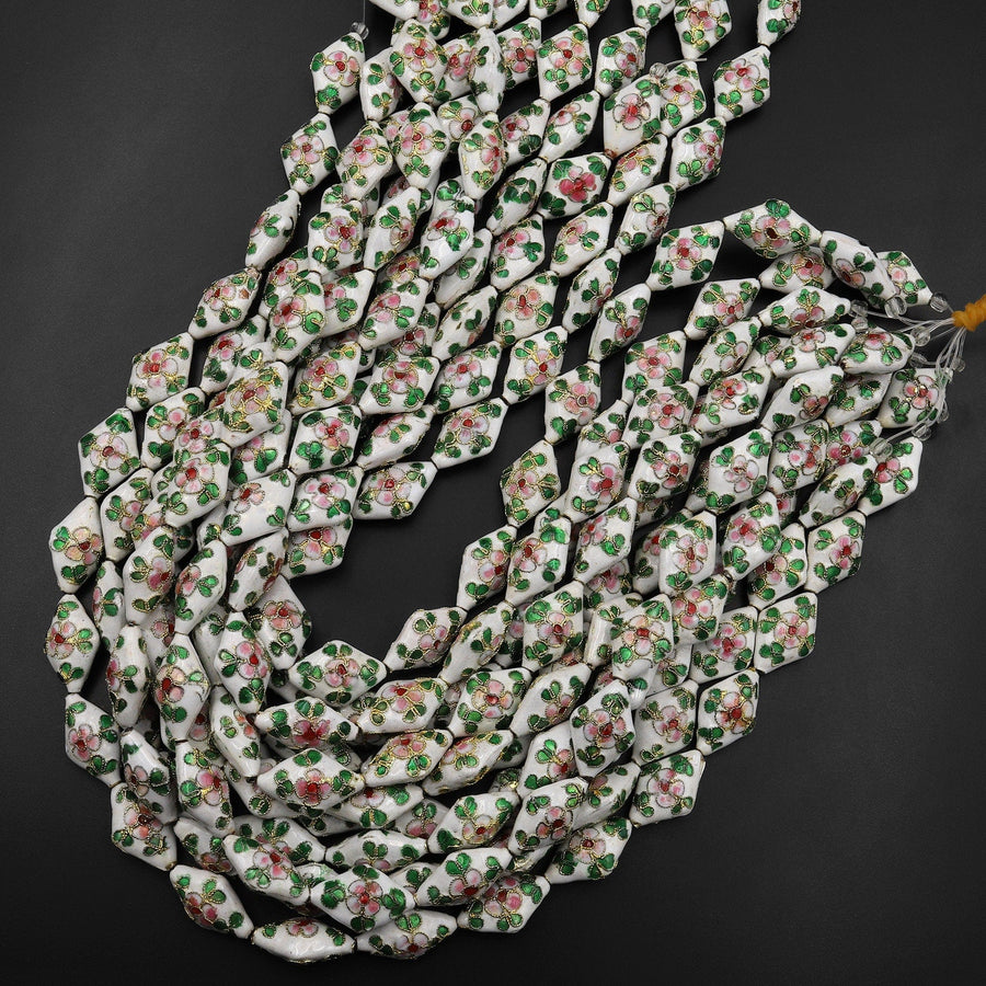 Hand Made White Cloisonné Diamond Bead 20mm Decorative Floral 15.5" Strand