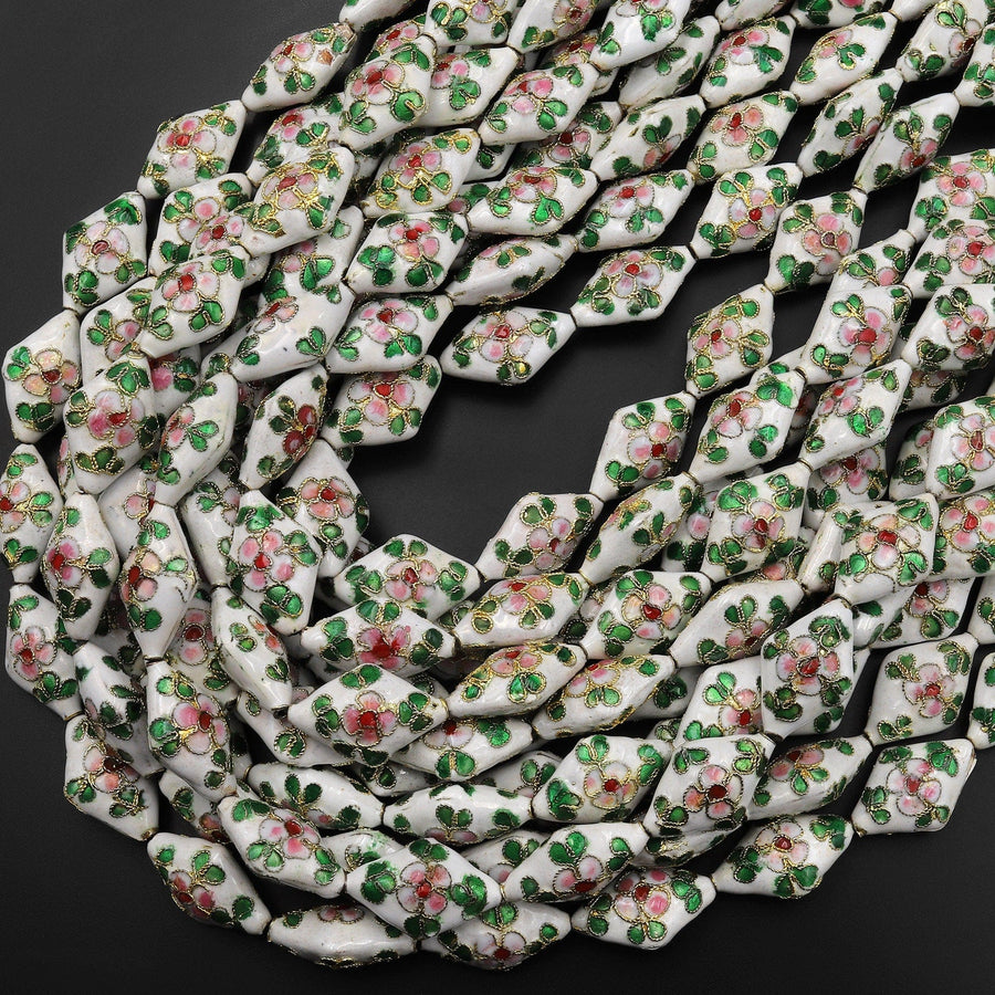 Hand Made White Cloisonné Diamond Bead 20mm Decorative Floral 15.5" Strand