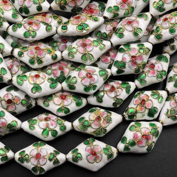 Hand Made White Cloisonné Diamond Bead 20mm Decorative Floral 15.5" Strand