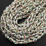 Pink Green White Cloisonné 14mm Beads Oval Decorative Floral Enamel 15.5" Strand