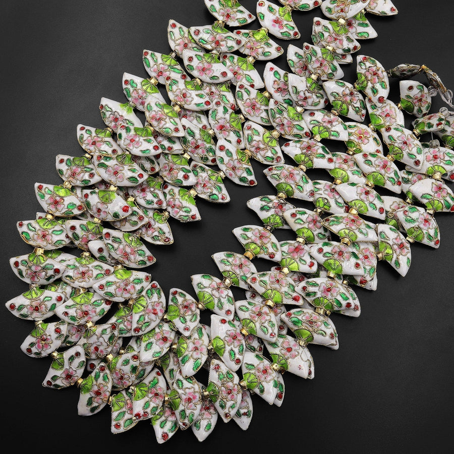 White Pink Green Fan Cloisonné Beads Decorative Floral Enamel 15.5" Strand