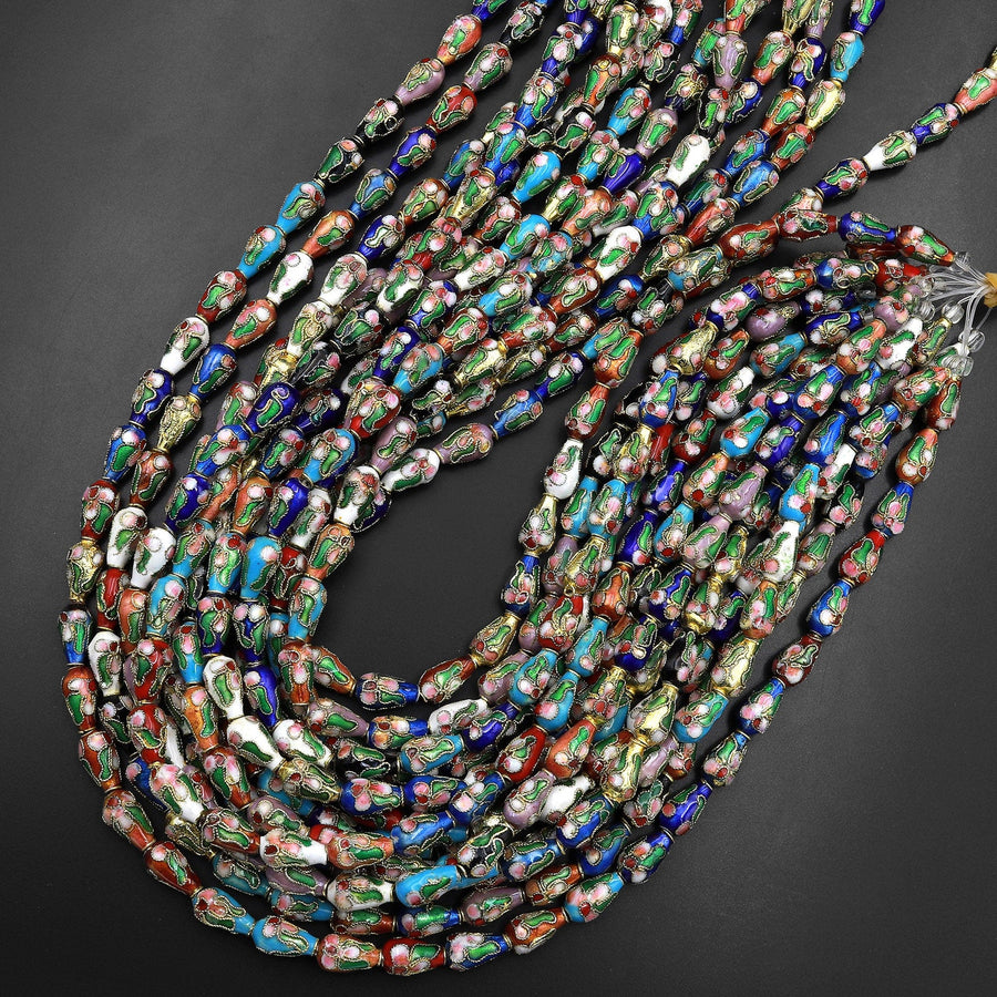 Cloisonné Teardrop Briolette Beads Decorative Floral Enamel 15.5" Strand