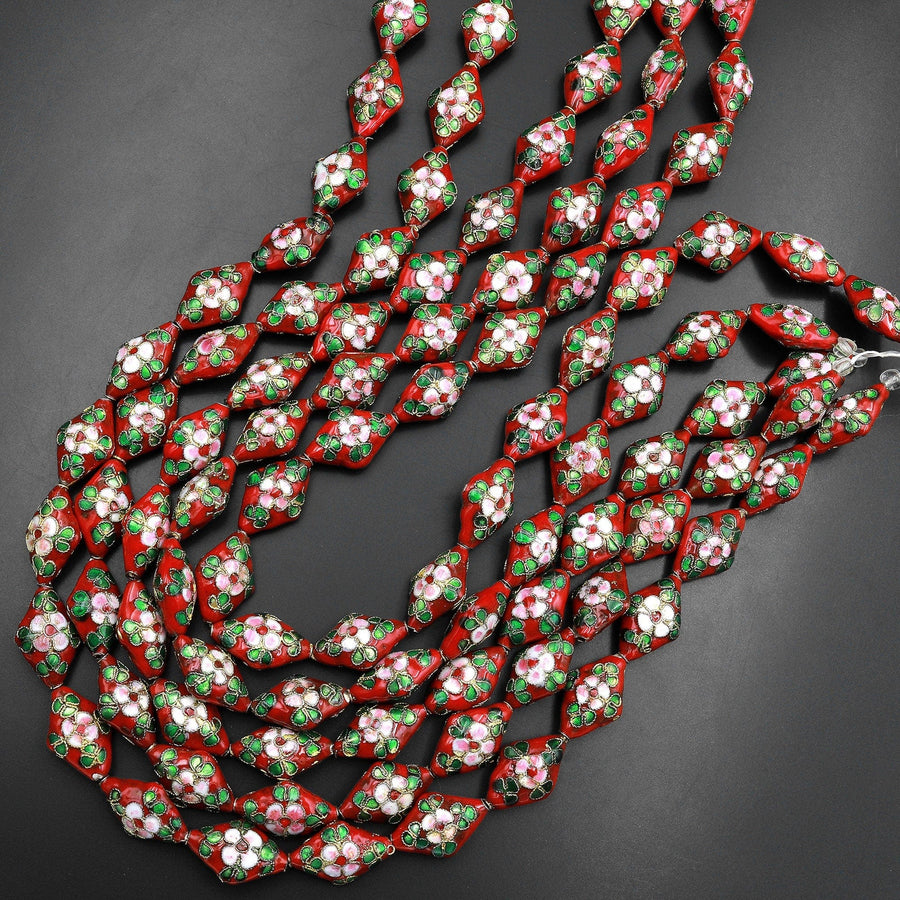 Hand Made Red Cloisonné Diamond Bead 20mm Decorative Floral 15.5" Strand