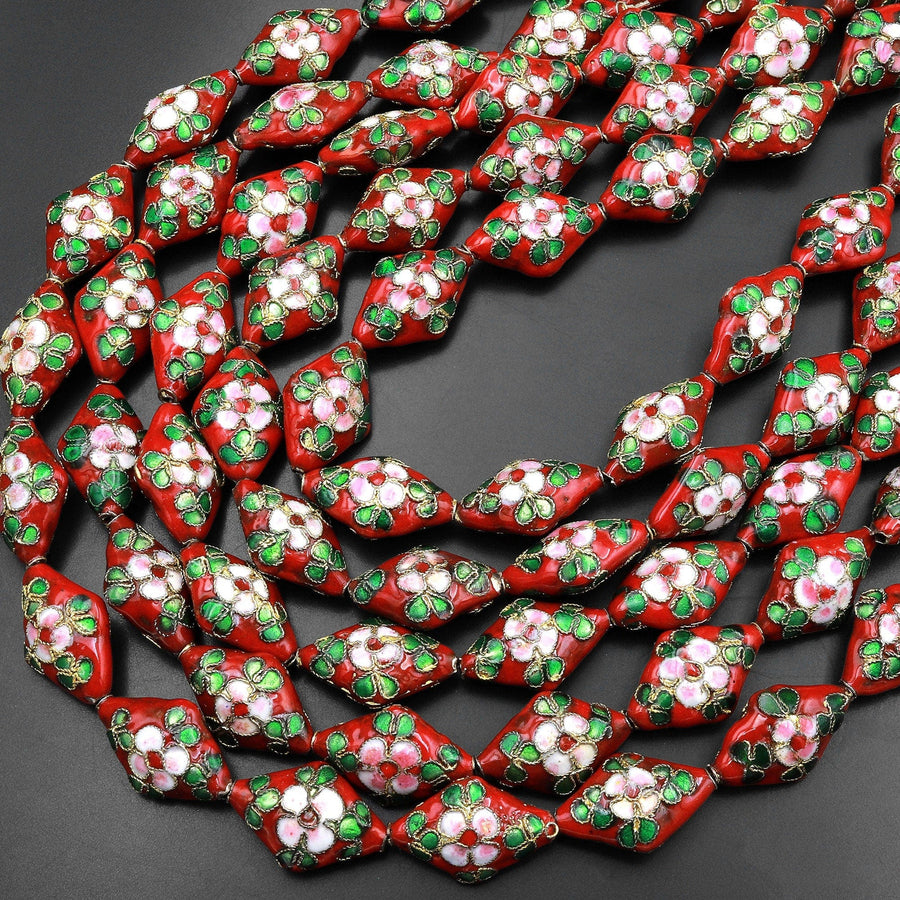 Hand Made Red Cloisonné Diamond Bead 20mm Decorative Floral 15.5" Strand