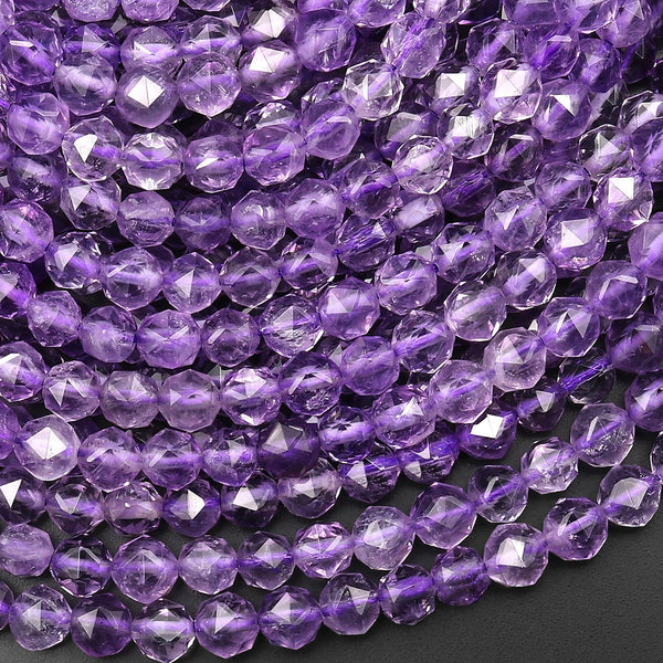 AAA Natural Purple Amethyst Double Hearted Star Cut Faceted 6mm 8mm Rounded Beads 15.5" Strand