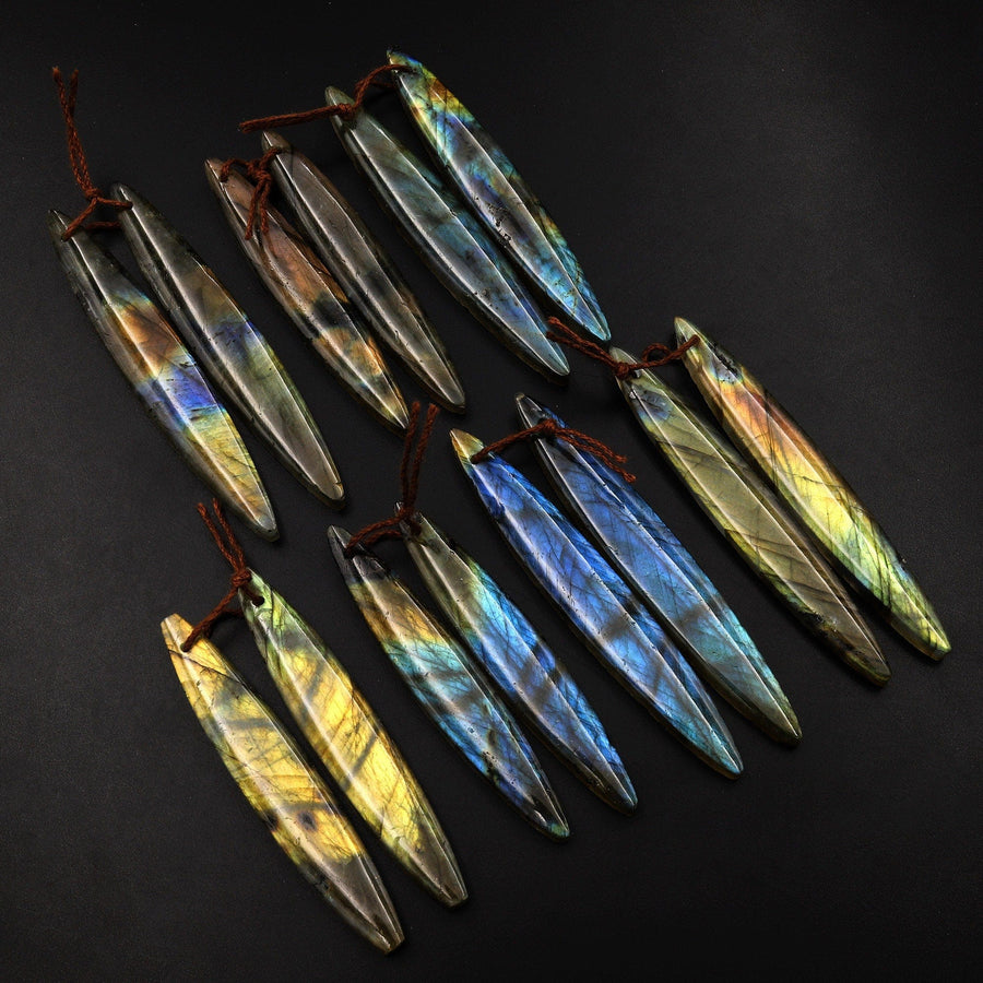 Natural Labradorite Earring Pair Long Marquise Dagger Matched Gemstone Beads