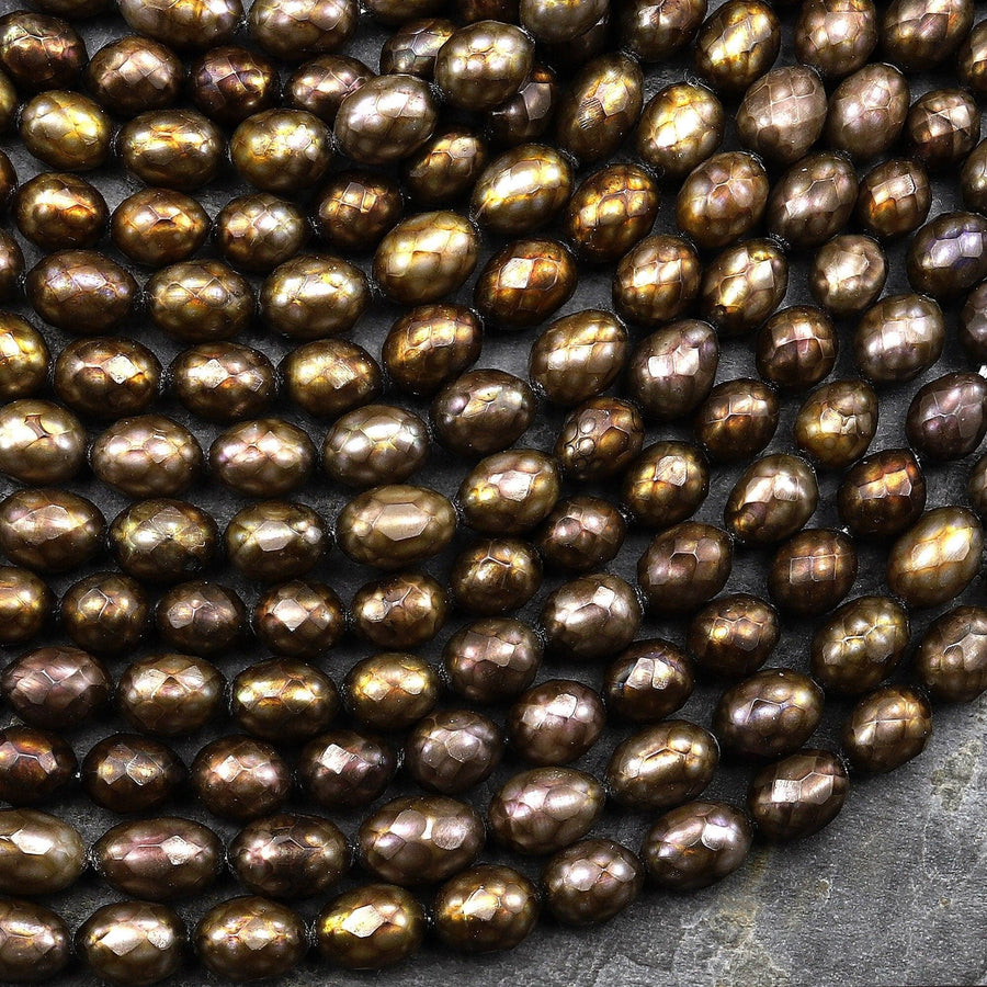 Faceted Golden Bronze Copper Oval Pearls 6mm Shimmery Iridescent 15.5" Strand