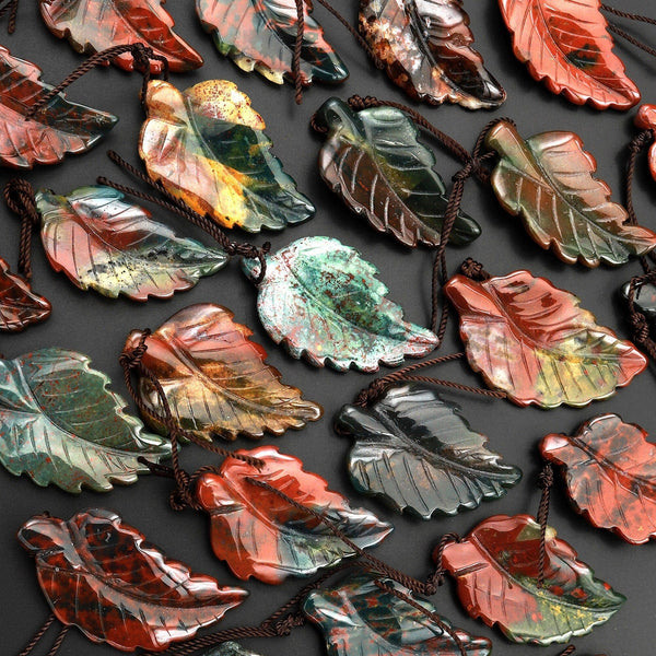 Hand Carved Natural Bloodstone Leaf Pendant Bead Drilled Gemstone