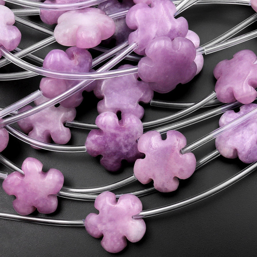 Natural Purple Lepidolite Carved Cherry Blossom Flower Gemstone Beads 15mm