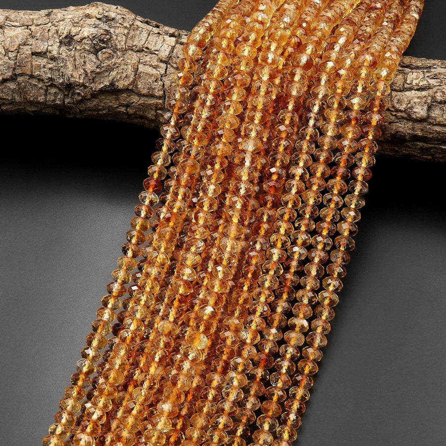 AAA Faceted Natural Golden Yellow Citrine Rondelle Beads 6mm 15.5" Strand