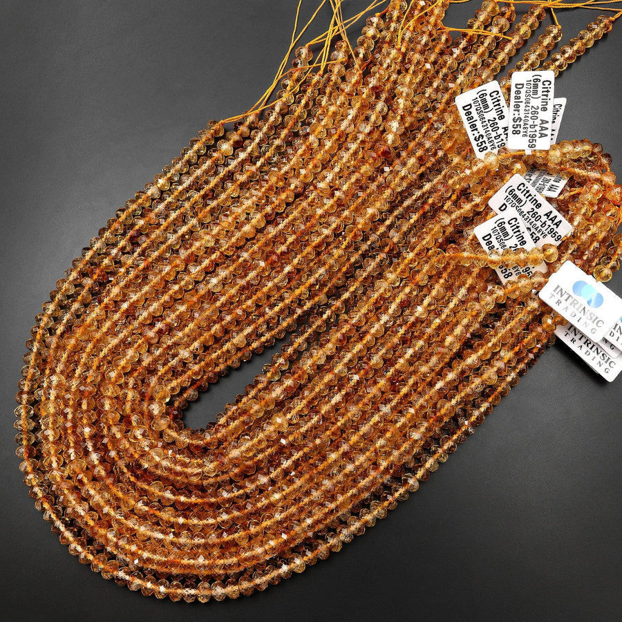 AAA Faceted Natural Golden Yellow Citrine Rondelle Beads 6mm 15.5" Strand