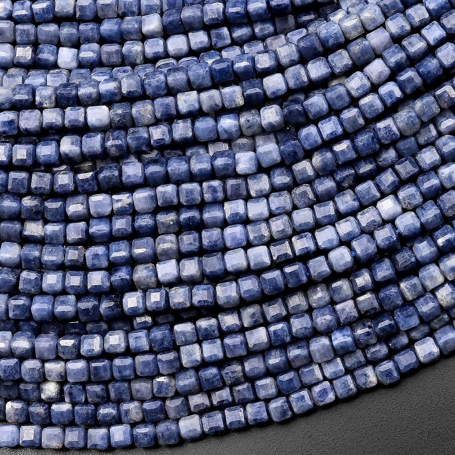 Natural Blue Sapphire Faceted Gemstone Cube Beads 2mm 15.5" Strand