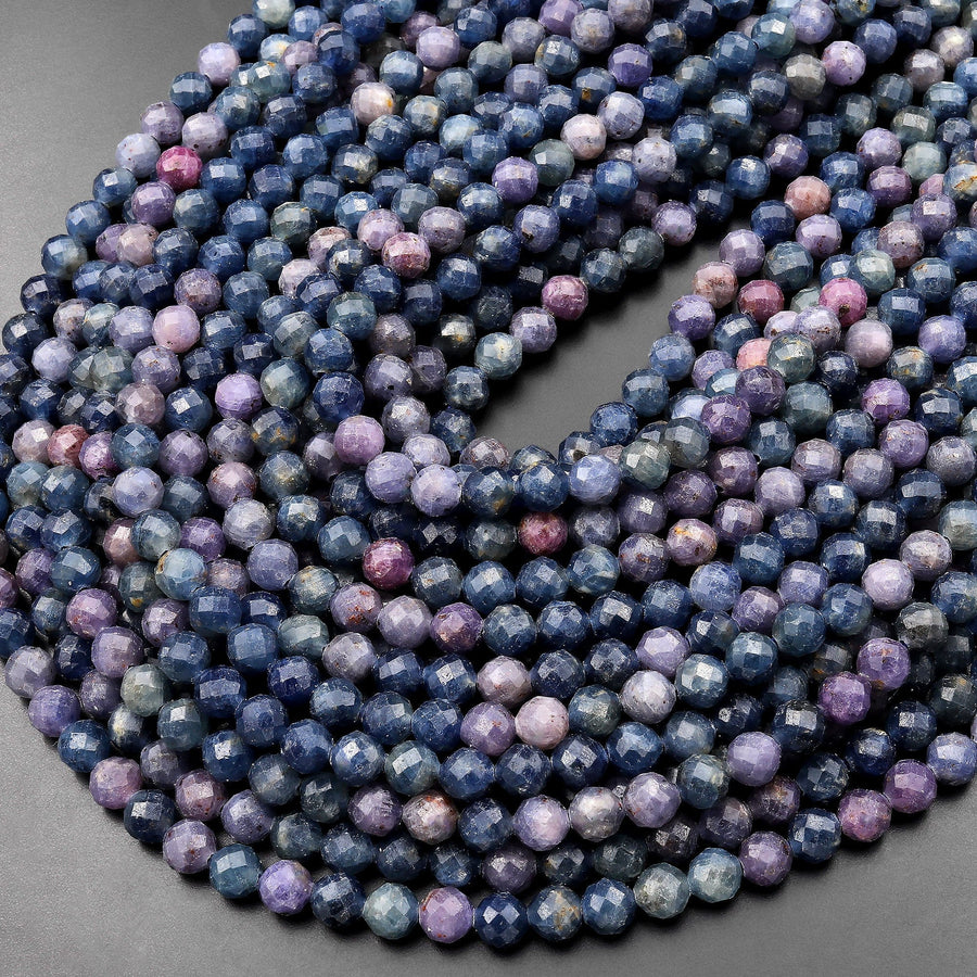 Natural Burma Sapphire Faceted 6mm Round Beads Blue Purple Pink 15.5" Strand