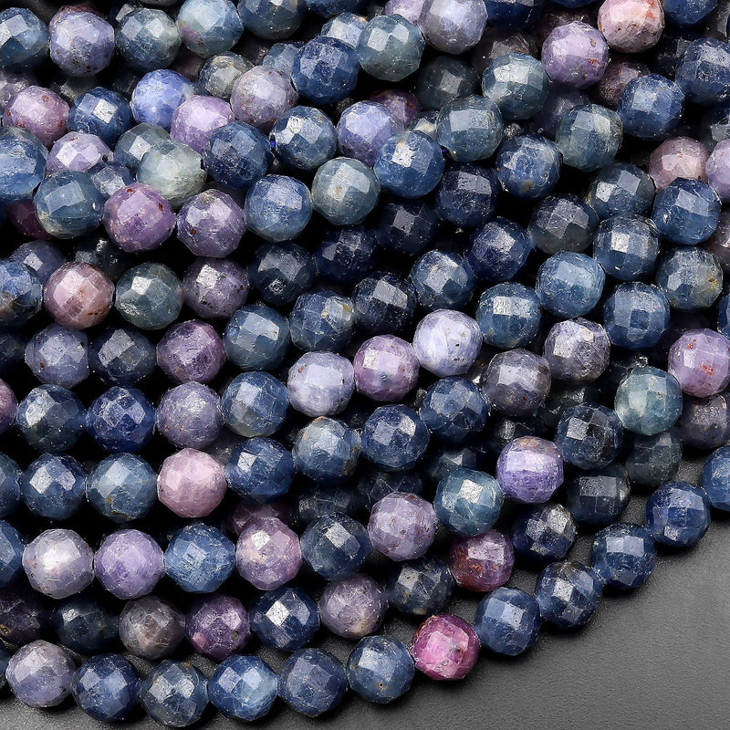 Natural Burma Sapphire Faceted 6mm Round Beads Blue Purple Pink 15.5" Strand