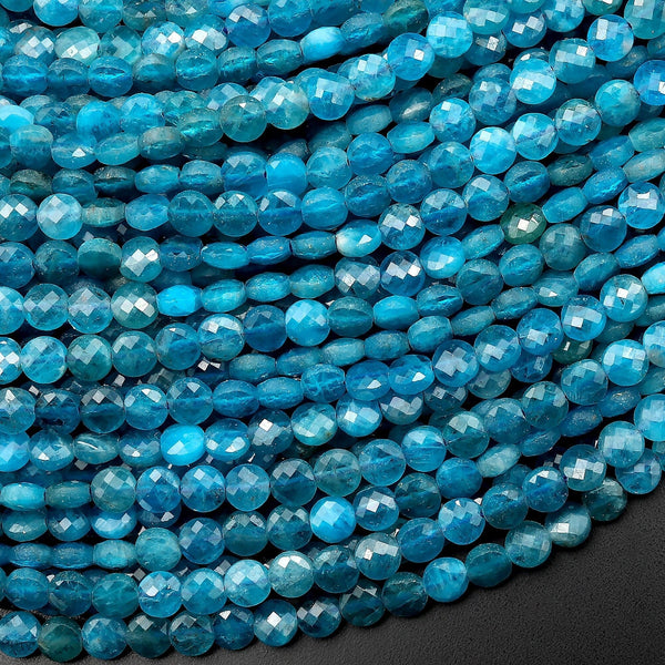 AAA Natural Blue Apatite Faceted Coin 4mm Beads Gemstone 15.5" Strand