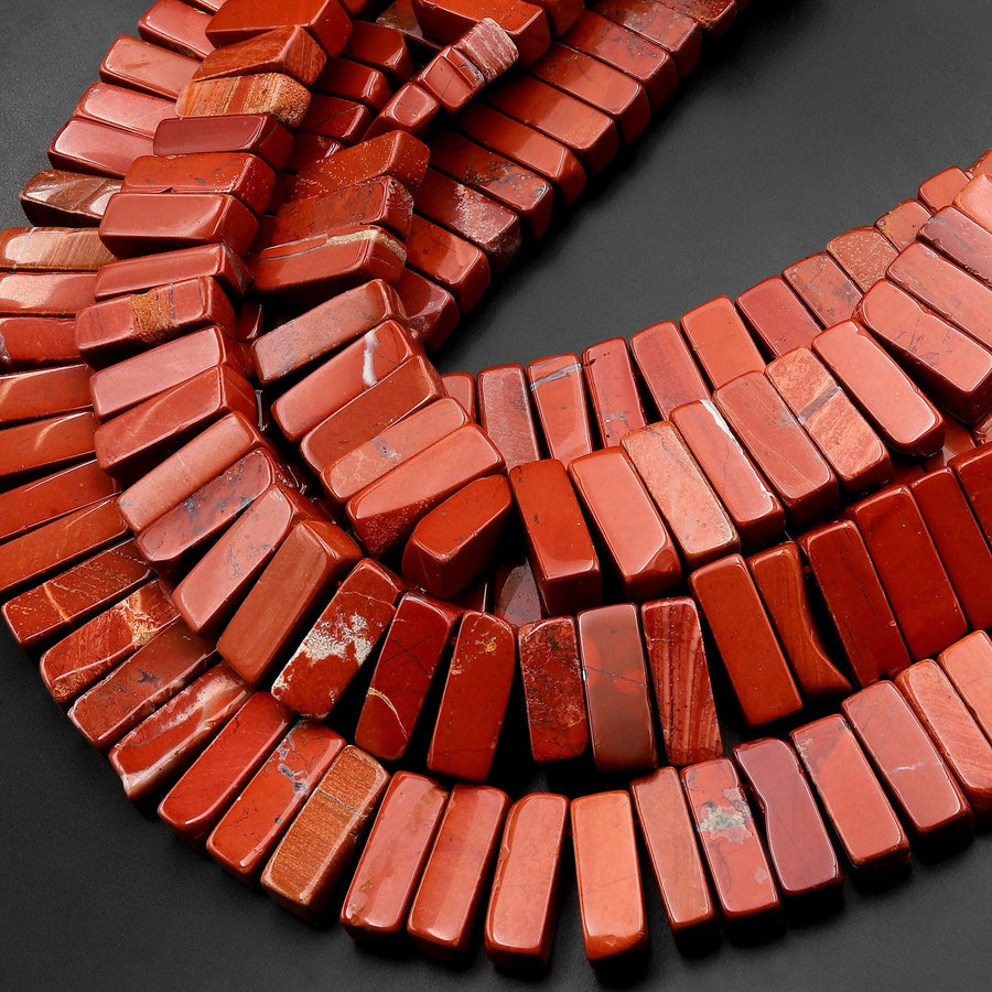 Natural Red Jasper Freeform Rectangle Beads Spike Stick Slice Focal Pendant Cleopatra Style Fan Shaped 15.5" Strand