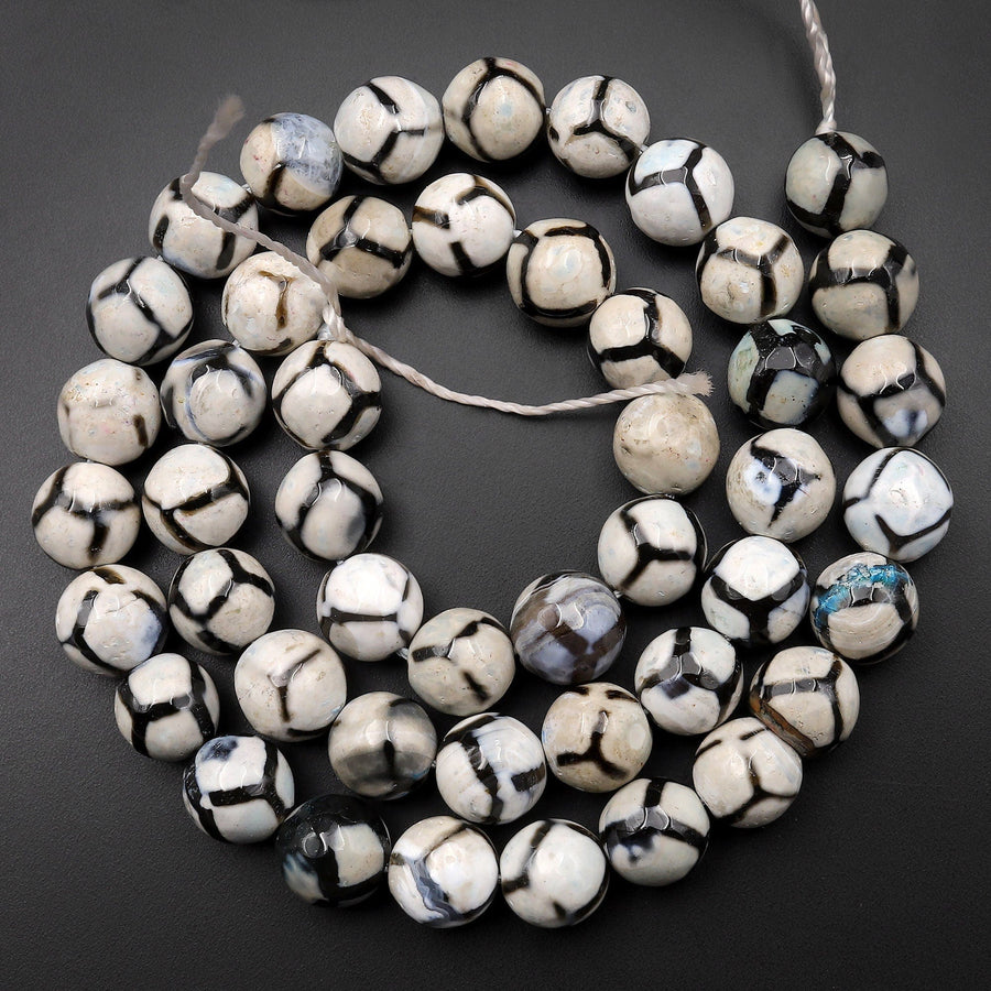 Tibetan Agate 8mm Round Beads Dzi Agate Black White Mala Antique Boho Beads 15.5" Strand
