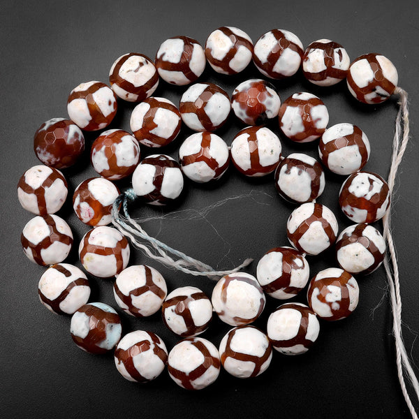 Tibetan Agate 10mm Round Beads Dzi Agate Red White Mala Antique Boho Beads 15.5" Strand