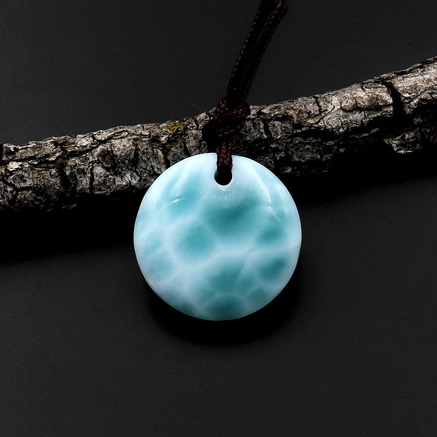 Natural Larimar Circle Coin Pendant Genuine Real Blue Larimar Gemstone Focal Bead