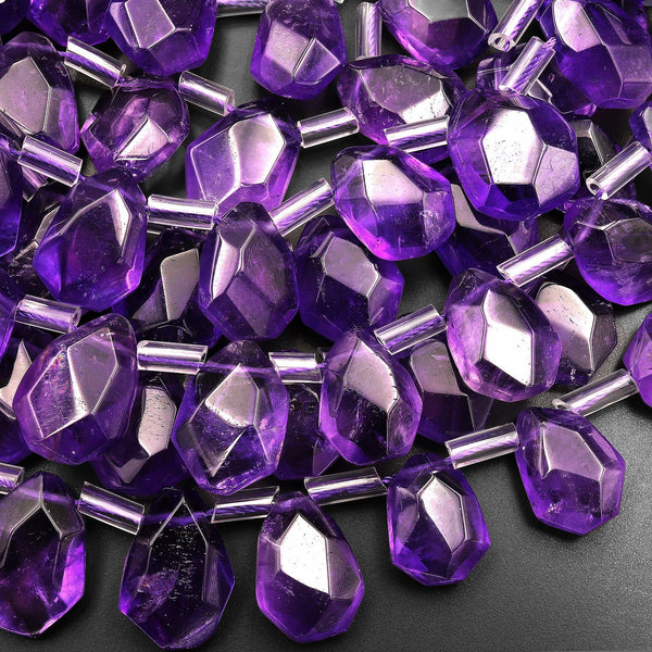 Faceted Natural Purple Amethyst 10mm Rounded Teardrop Briolette Beads 15.5" Strand
