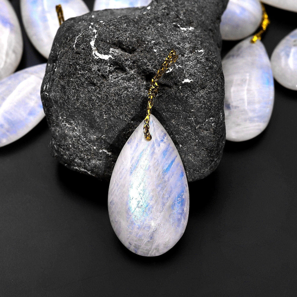 Natural Rainbow Moonstone Teardrop Pendant Drilled Gemstone Focal Bead
